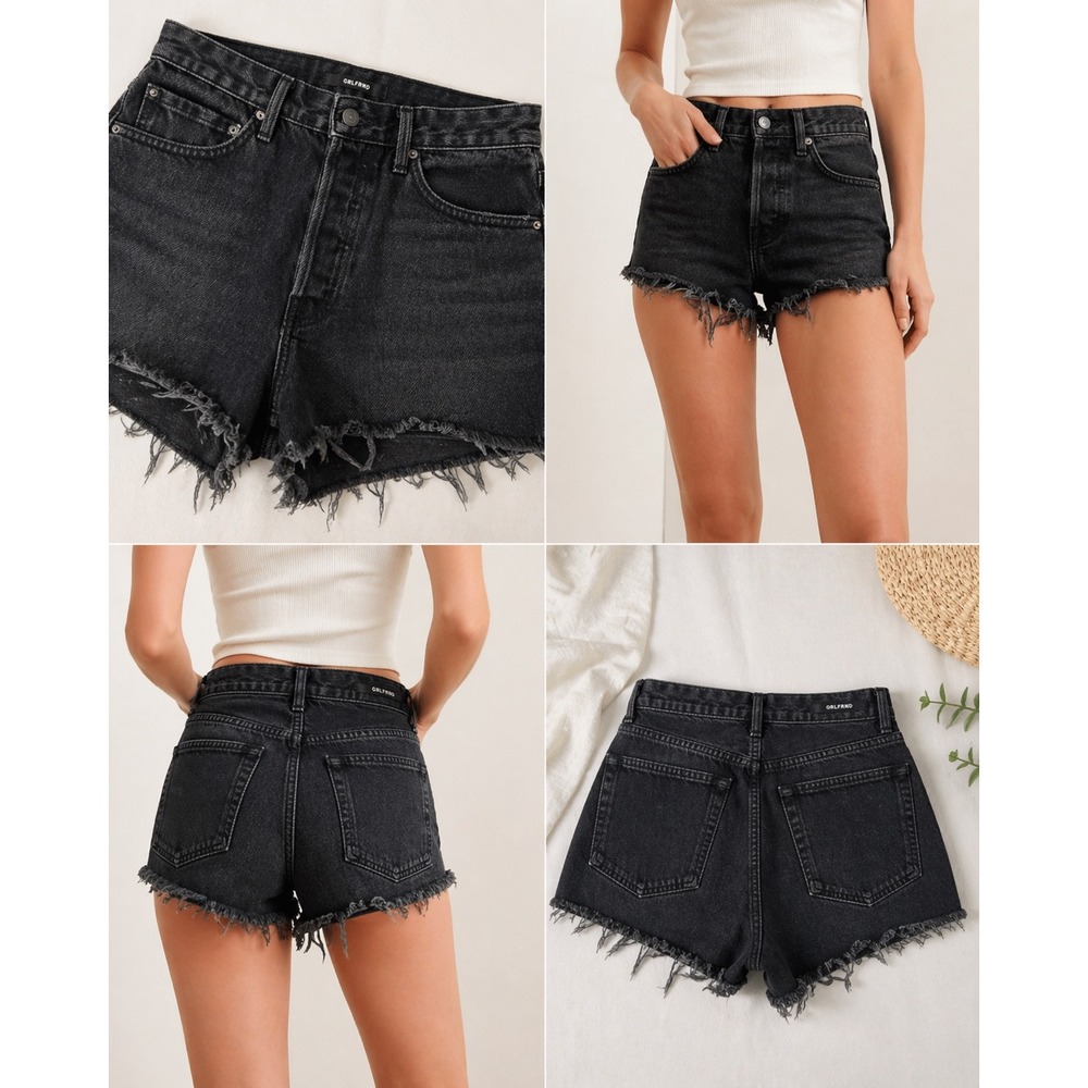 GRLFRND Cindy Denim Shorts Black Distressed High Rise Raw Hem 25